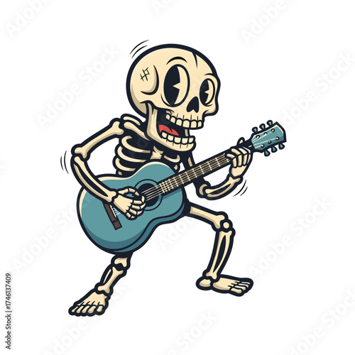 A cartoon skeleton plays a blue acoustic guitar with an open mouth and big eyes. The image is a pixel art mascot on a white background with a shadow, conveying expressive movement and vintage charm