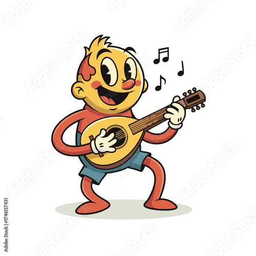 A cartoon style mascot illustration showcases a cheerful character playing a stringed instrument, accompanied by musical notes, set against a clean white background with a blend of retro colors