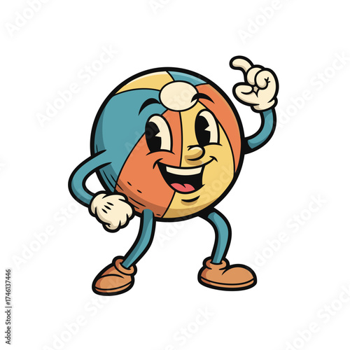 A cartoonish beach ball mascot with a round face, happy expression, wearing brown shoes and gloves. Cheerful vintage style vector illustration isolated on white background