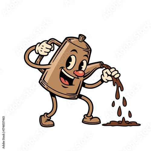 A vintage style cartoon mascot featuring a cheerful teapot character leaking liquid. The animated teapot has arms, legs, and gloves, with a happy expression, on a clean white background