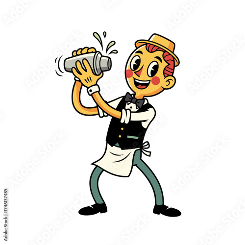 A cheerful vintage cartoon bartender mascot shaking a cocktail. He wears a hat, bowtie, vest, apron, and green pants isolated on a white background. Retro style illustration for beverage industry