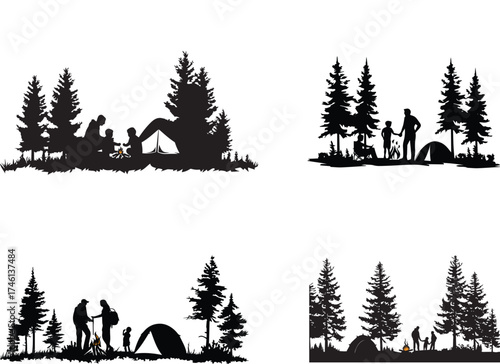 Black silhouette illustration of people camping and hiking in forest nature scenes, minimalist outdoor adventure concept with pine trees, tents, and campfire on white background, travel and exploratio