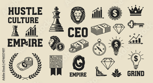 Hustle Culture and Entrepreneurship Vector Icon Set