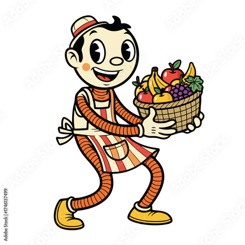 Vintage style cartoon character cheerfully carries a wicker basket overflowing with apples bananas and grapes. The figure sports striped overalls and an apron against a clean white background