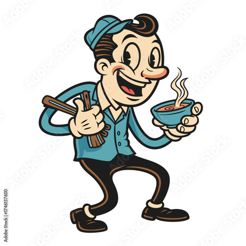 A cheerful cartoon man dressed in a blue outfit and hat, holding a bowl of steaming soup in one hand and chopsticks in the other, against a clean white background. The style is vintage with retro