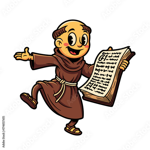 A cheerful cartoon monk mascot is smiling, wearing a brown robe, and holding a scroll with handwritten text. The religious figure has a beige turban and open arms, isolated on a white background. It