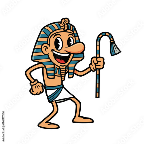 Cartoon pharaoh mascot with a cheerful expression, wearing a blue and gold headdress, and holding a crook. The illustration has a vintage animation style against a clean white background