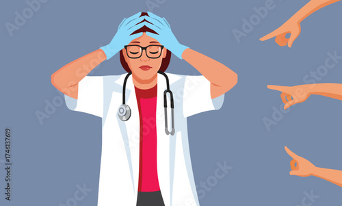 Female Doctor Accused of Malpractice Feeling Guilty vector Illustration. Stressed medical worker feeling guilty about e medical error 
