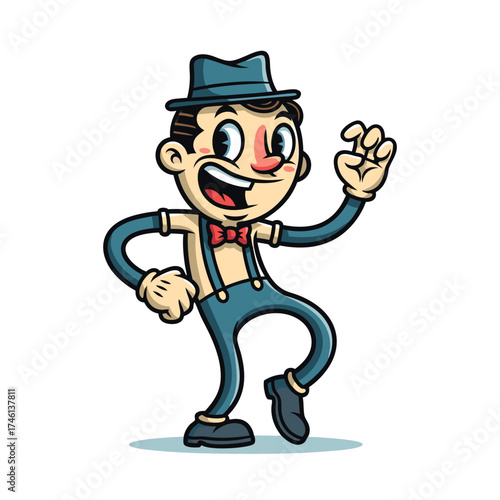 An enthusiastic cartoon character is dancing, showcasing a vintage animation style. He is dressed in a blue outfit with a bow tie, detailed with line art and shading on a clean white background