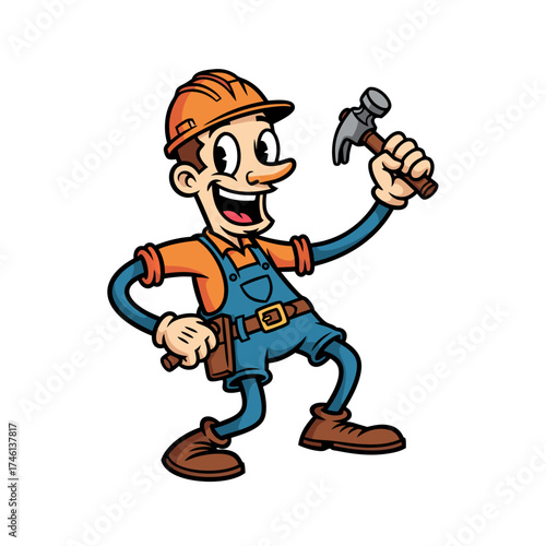 A vintage-style cartoon mascot of a cheerful builder is featured wearing an orange hard hat and blue overalls while waving a hammer with a joyful expression against a white background