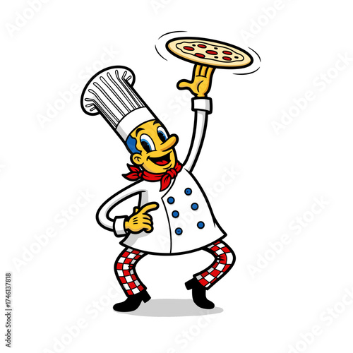 A vibrant cartoon illustration features a cheerful chef mascot wearing a traditional white uniform and chef's hat, holding a pizza above his head. Red checkered pants add a playful touch to the