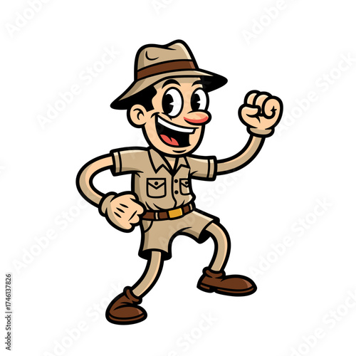 A cartoon character in safari attire, including a tan hat and brown shoes, is depicted against a clean white background. The character exudes happiness and enthusiasm through expressive features and