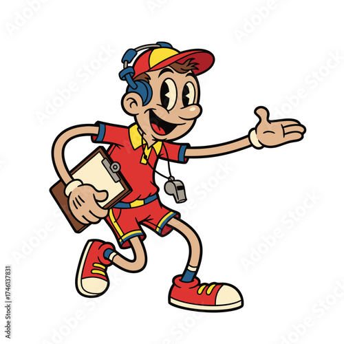 A vibrant cartoon mascot of a coach with a red uniform, yellow accents, headset, clipboard, and whistle running against a clean white background. The cheerful character embodies playful animation