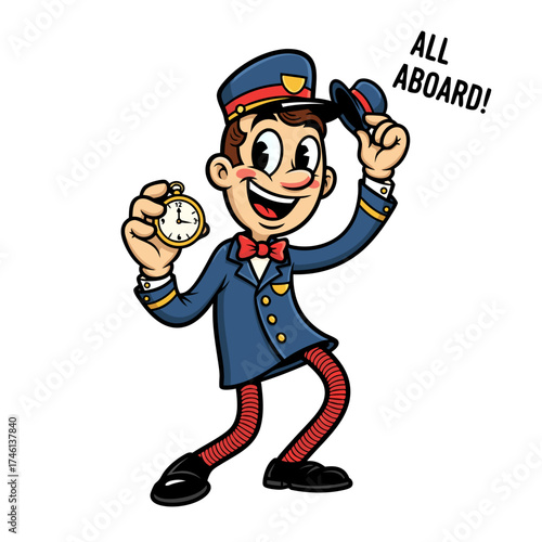Vintage cartoon illustration of a cheerful conductor in blue uniform and red accents tipping his hat. He holds a gold pocket watch and enthusiastically announces All Aboard against a clean white