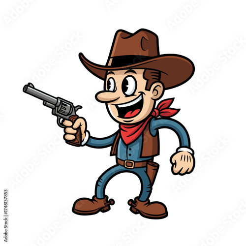 Cartoon illustration of a cheerful cowboy character with a brown hat, red scarf and blue shirt holding a gun. The vintage style mascot has a cheerful expression in a dynamic pose