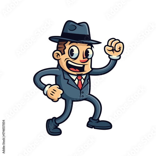 Cheerful cartoon man in a blue suit and fedora hat, depicted in a vintage animation style against a white backdrop, creating a fun and nostalgic graphic