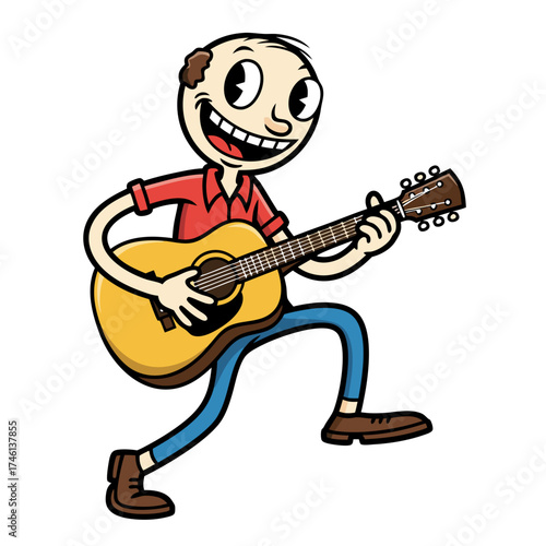 A cheerful vintage cartoon man energetically plays the guitar dressed in a red shirt and blue jeans set against a clean white background radiating an upbeat retro charm