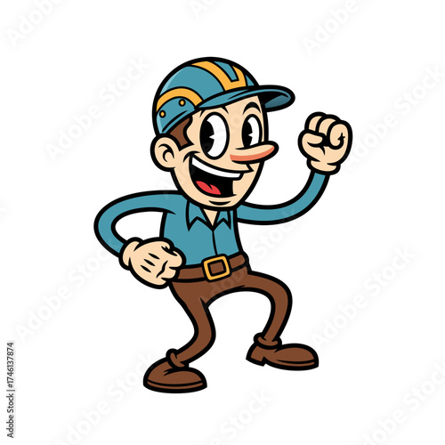A cheerful cartoon man with blue hard hat, brown pants and turquoise shirt in enthusiastic pose. Retro style animation character design construction worker graphic illustration on white background