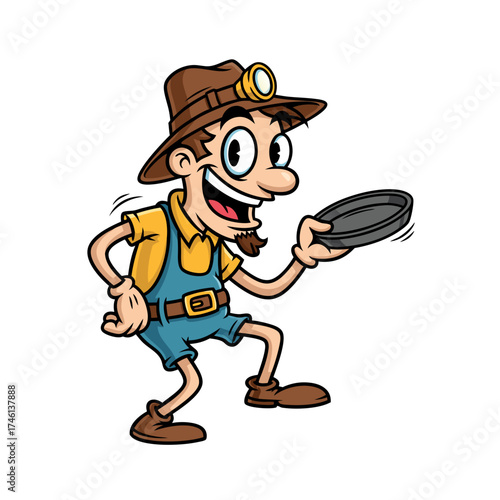 Vintage cartoon mascot of a cheerful miner wearing brown hat and blue overalls, holding a gold pan. The illustration is isolated on a white background