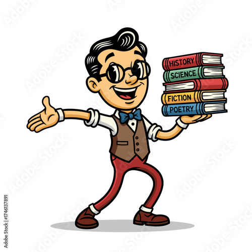 Cartoon drawing of a happy nerd character wearing round glasses, a vest, and a bowtie while holding a stack of colorful books with titles like 'History', 'Science', 'Fiction' and 'Poetry' on isolated