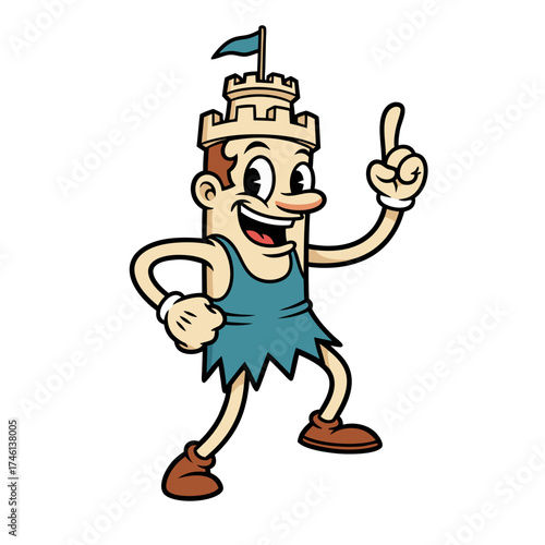 A retro cartoon mascot illustration features a happy man with a castle on his head wearing a blue tunic against a white background. It showcases hand-drawn line art and flat colors
