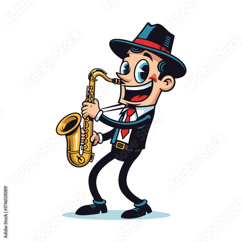 A cartoon illustration of a musician with a saxophone, clad in a dark suit and fedora. The character has blue eyes and appears joyful, set against a clean white background