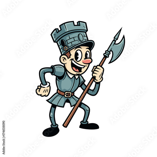 A joyful cartoon knight mascot with a gray tower hat is holding a halberd. The character stands on a white background and has a cheerful expression in a vintage animation style. Full body character