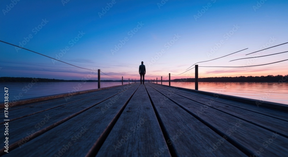 Obraz premium Silhouette of a person at the end of a pier during a dusk sky with water