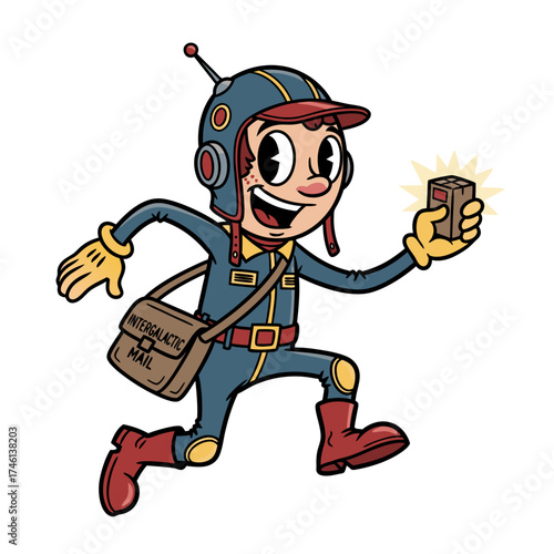 Retro cartoon style mascot character running in a metallic blue space suit with brown boots and hat holding a sparkling cube box and mail bag over his shoulder on a beige background