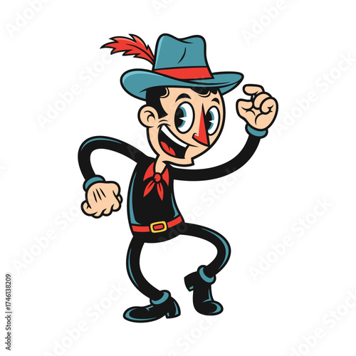 A retro cartoon mascot with a blue hat, red feathered bandana, black bodysuit, and red belt is cheerfully posing against a clean white backdrop. The character evokes classic animation with a happy