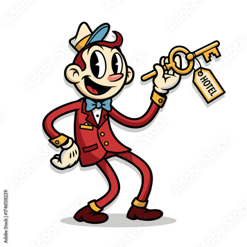 A retro cartoon mascot of a hotel bellhop in a red uniform and blue bowtie, holding a brass key with a hotel tag, isolated on white. Cheerful classic animation style