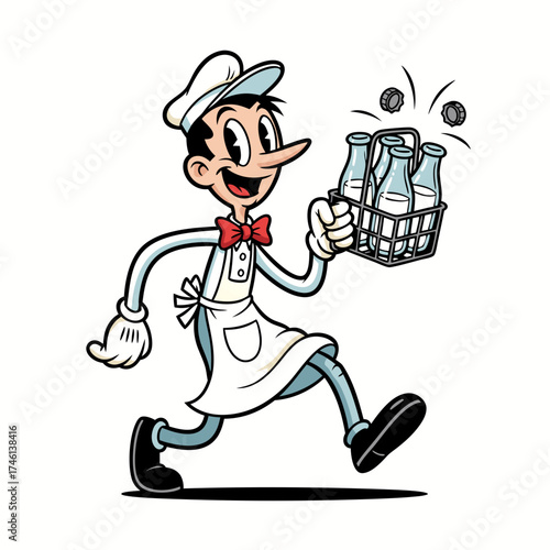 A vintage cartoon style delivery person character wearing a white hat and apron, running cheerfully while holding a basket of generic bottles. He has a red bowtie and is set against a white