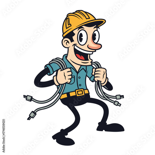 A vintage-style cartoon mascot of an electrician cheerfully holding wires, wearing a yellow hard hat, light blue shirt, and black pants, set against a clean white background