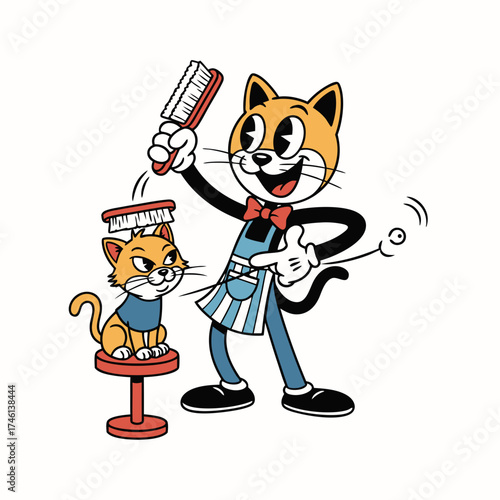 A vintage cartoon illustration shows a smiling orange cat grooming a smaller, frowning orange cat on a red stool with a hairbrush. The style is flat and colorful with a white background
