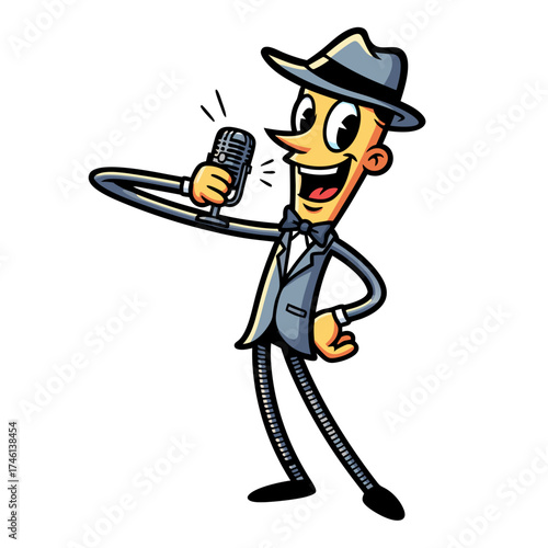 A vintage cartoon jazz singer mascot is illustrated, wearing a gray suit, bowtie, and hat, holding a microphone, performing upbeat on a white background in a spotlight animation character design