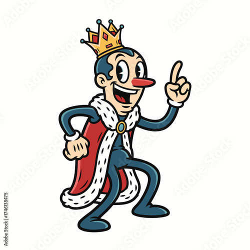 A vintage cartoon mascot of a king with a gold crown, red cape, and blue suit. This illustration is in a classic animation style with a cheerful expression, set against a clean white background