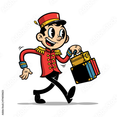 A vintage cartoon bellhop character in a red uniform with gold accents is carrying stacked suitcases. The image is isolated on a white background with a subtle shadow, perfect for illustrative use