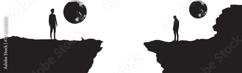 Minimal black silhouette of two people standing on opposite cliffs with a planet floating between them, symbolic vector illustration representing distance, isolation, connection, and global perspectiv