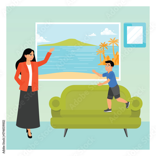 Mother And Child concept. Mother and child Play At Home By Beach View Poster In Living Room.