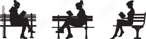 Elegant black silhouette of a woman sitting on a park bench reading a book, minimalist vector illustration on white background, relaxing outdoor lifestyle concept symbolizing knowledge and calm