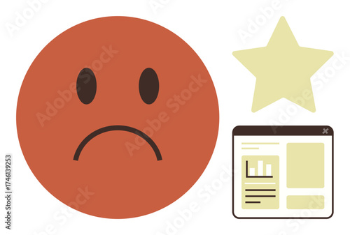 Sad emotion paired with a star and website interface showing feedback patterns, user dissatisfaction, and performance evaluation. Ideal for reviews, customer experience, feedback analysis