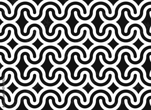 eamless black and white geometric patterns with bold optical illusion style. Includes concentric circles, waves, and modern abstract shapes