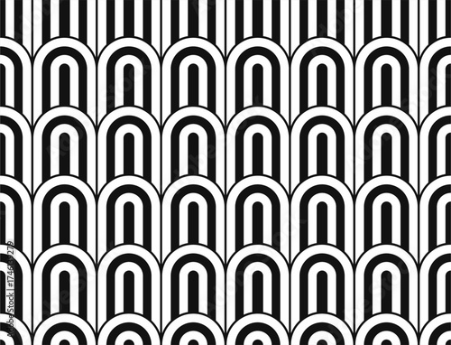 eamless black and white geometric patterns with bold optical illusion style. Includes concentric circles, waves, and modern abstract shapes