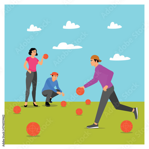 Bocce court concept. Three Friends Playing Bocce Outdoors in the Park.