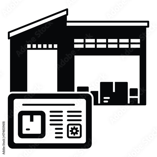 Digital Warehouse Management and Inventory Tracking Glyph Vector: Modern Supply Chain Logistics Concept with Tablet Interface for Stock Control and Distribution