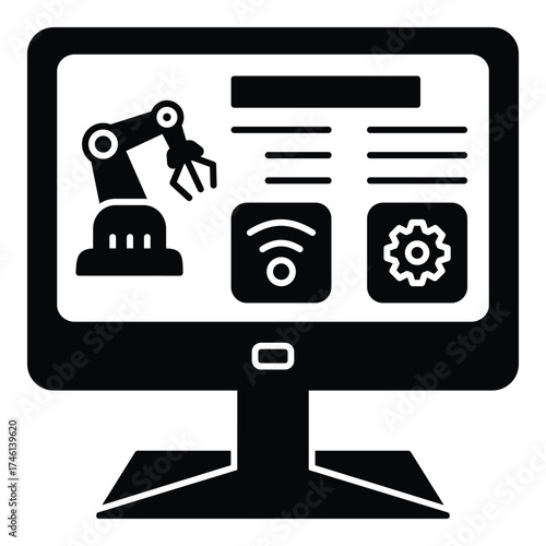 Industrial Automation and Smart Factory Control System Glyph Vector: Robotic Arm Manufacturing Process on Computer Monitor with Wireless and Setting Symbols