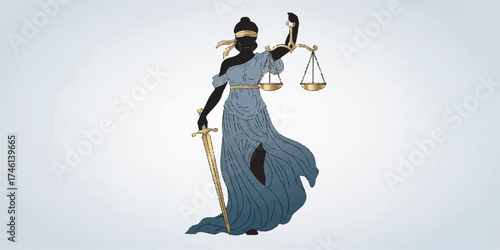 Elegant illustration of Lady Justice holding balanced scales and a sword, symbolizing law and fairness