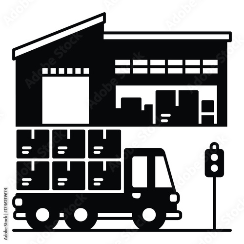 Global Supply Chain and Freight Transportation Glyph Vector: Logistics Concept Showing Delivery Truck with Cardboard Boxes in Front of a Warehouse Facility