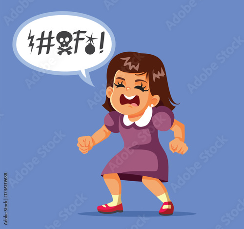 Little Girl Using Foul Language Being Rude Vector Illustration. Impenitent child speaking obscene and insolent being disrespectful
