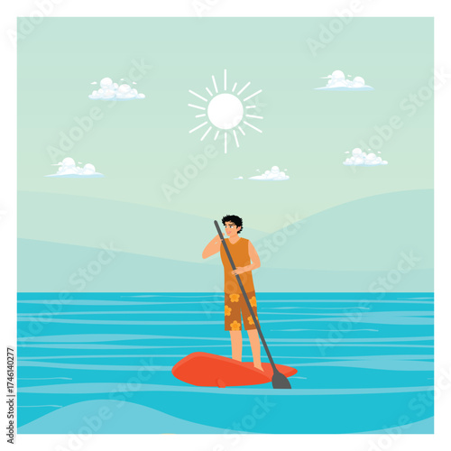 Stand up paddling rental concept. Man Paddle surfing On A Red Surfboard Under A Bright Sun.